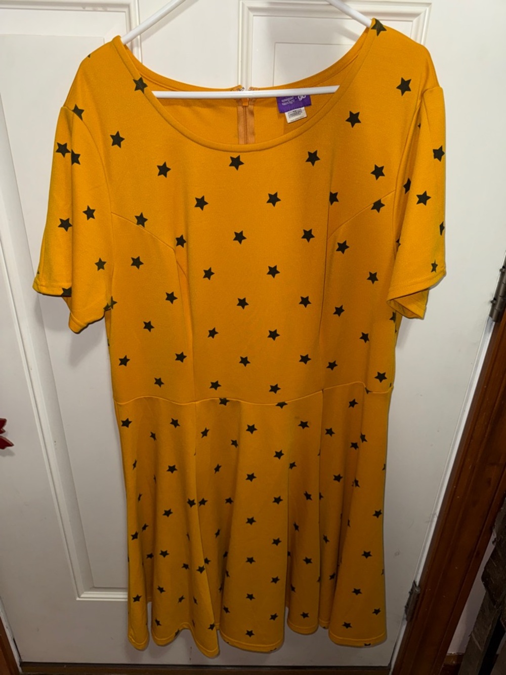 Unique Vintage Bright Yellow Fit and Flare Dress with Black Stars, 1x